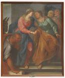 SCUOLA TOSCOEMILIANA, XVII SECOLO La Visitazione  Olio su tela 84x110 cm. Una targhetta sulla