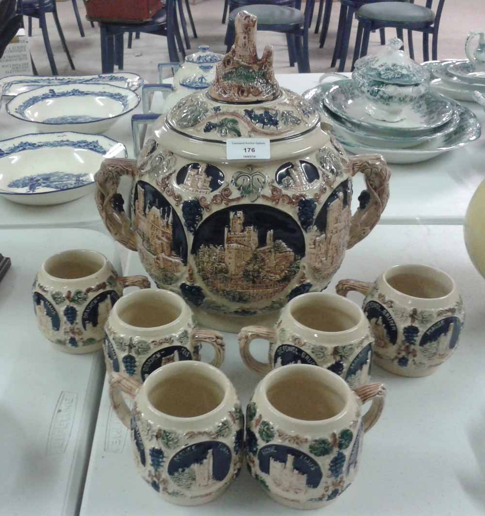 A prewar German ceramic punch/gluhwein pot/bowl with lid & 6 matching