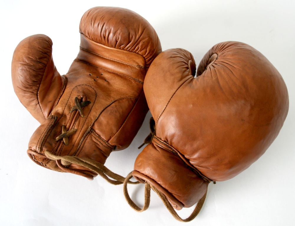Brown Leather Lace Up Boxing Gloves dating from the 1940`s / 1950`s