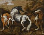 HANS SAVERY ML. (1589-1654), A SCENE WITH AN ARABIAN STALLION, MARE AND COW, Around 1630,
