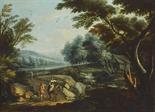 UNKNOWN AUTHOR, AN ITALIAN LANDSCAPE WITH PILGRIMS, Around 1700, north Italy Large painting with a
