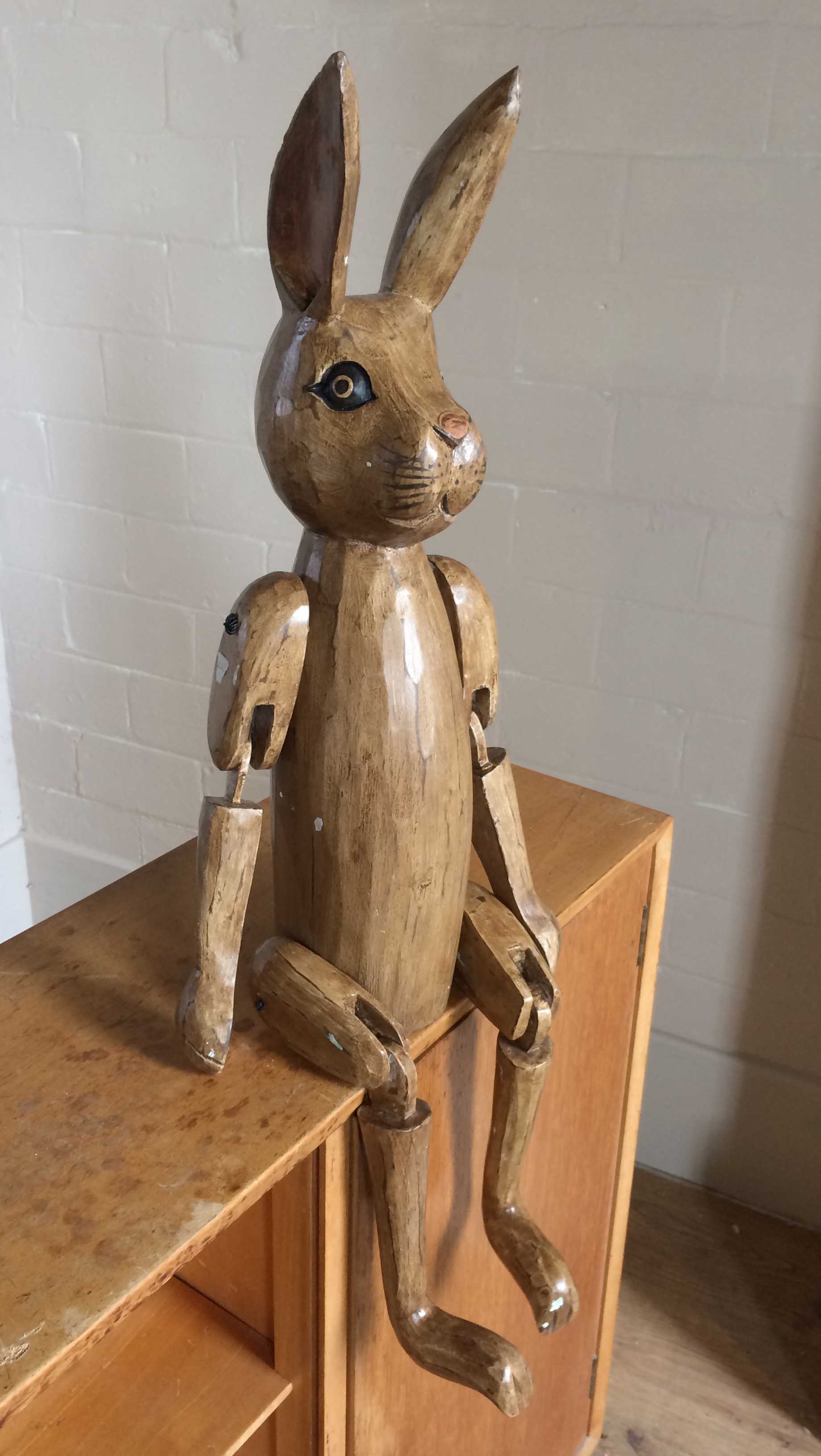 Handmade, painted, jointed, wooden hare