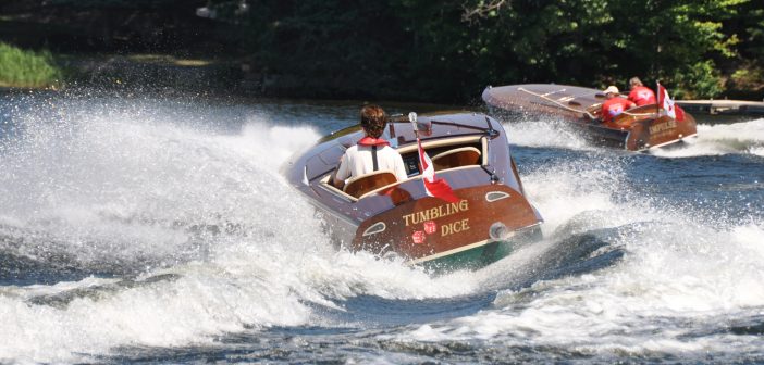 Antique Classic Boat Show Docks in Gravenhurst Antique Classic boat shoe racing Tumbling Dice going fast
