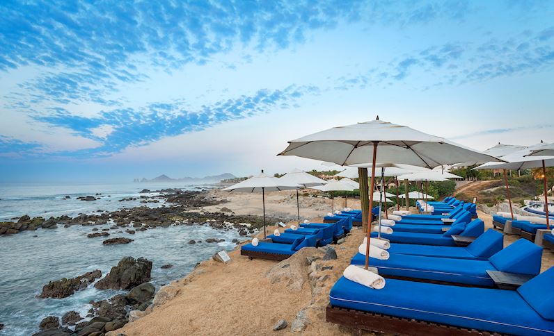 View of beach and umbrellas at Hacienda Encantada in Mexico