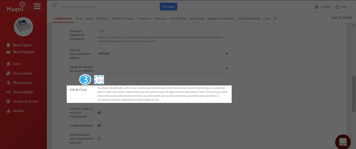 Como Configurar o Regime de IVA de Caixa - Passo 3