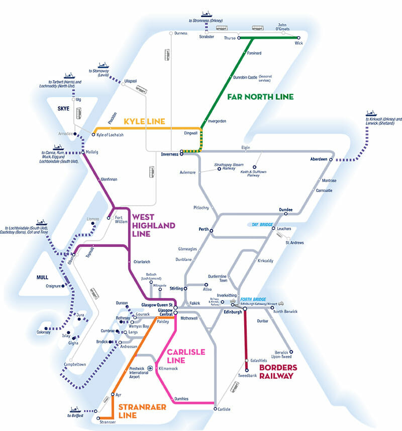 Viajar por Escocia en transporte público - Mapa tren ScotRail