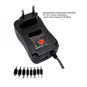 Alim. universale 30w 3-12v 8conn.+usb/mini/micro tecnonew univ30