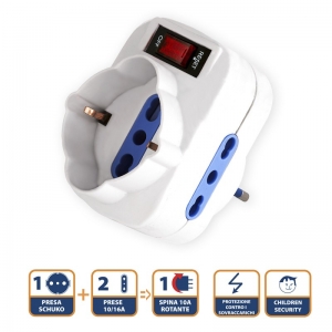 Adattatore 1*schuko 2*ita 10/16a spina 10a rotante velamp bianco