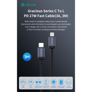 Cavo da type c a lightning devia 3mt 27w 3a nero