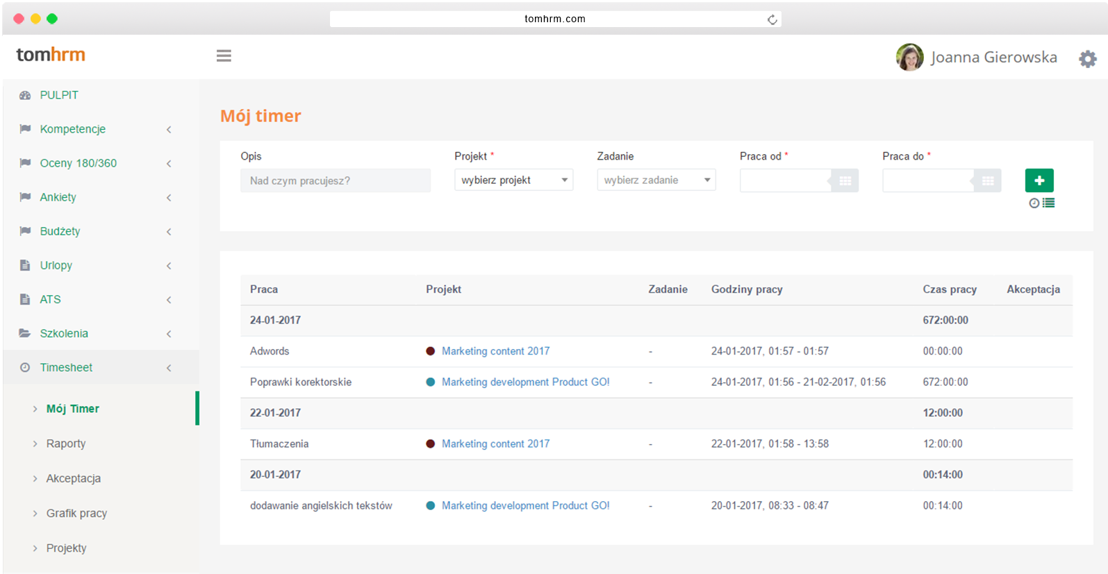 Timesheet - rejestracja czasu pracy online