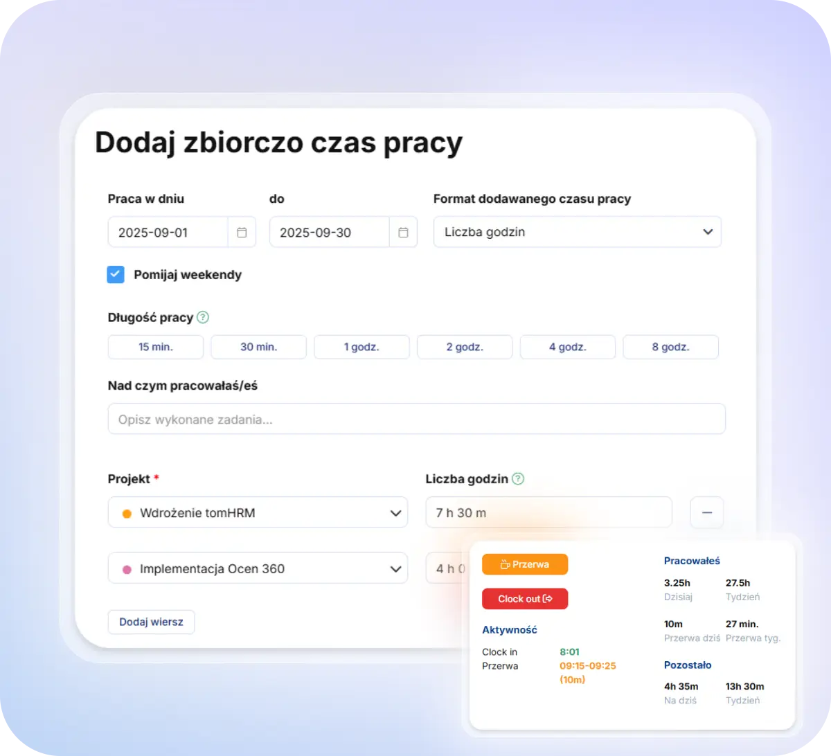 Elektroniczna ewidencja czasu pracy to cyfrowy system umożliwiający pracownikom rejestrowanie godzin pracy przez RCP online, a przełożonym i HR – monitorowanie czasu pracy bez konieczności papierowych list obecności.
