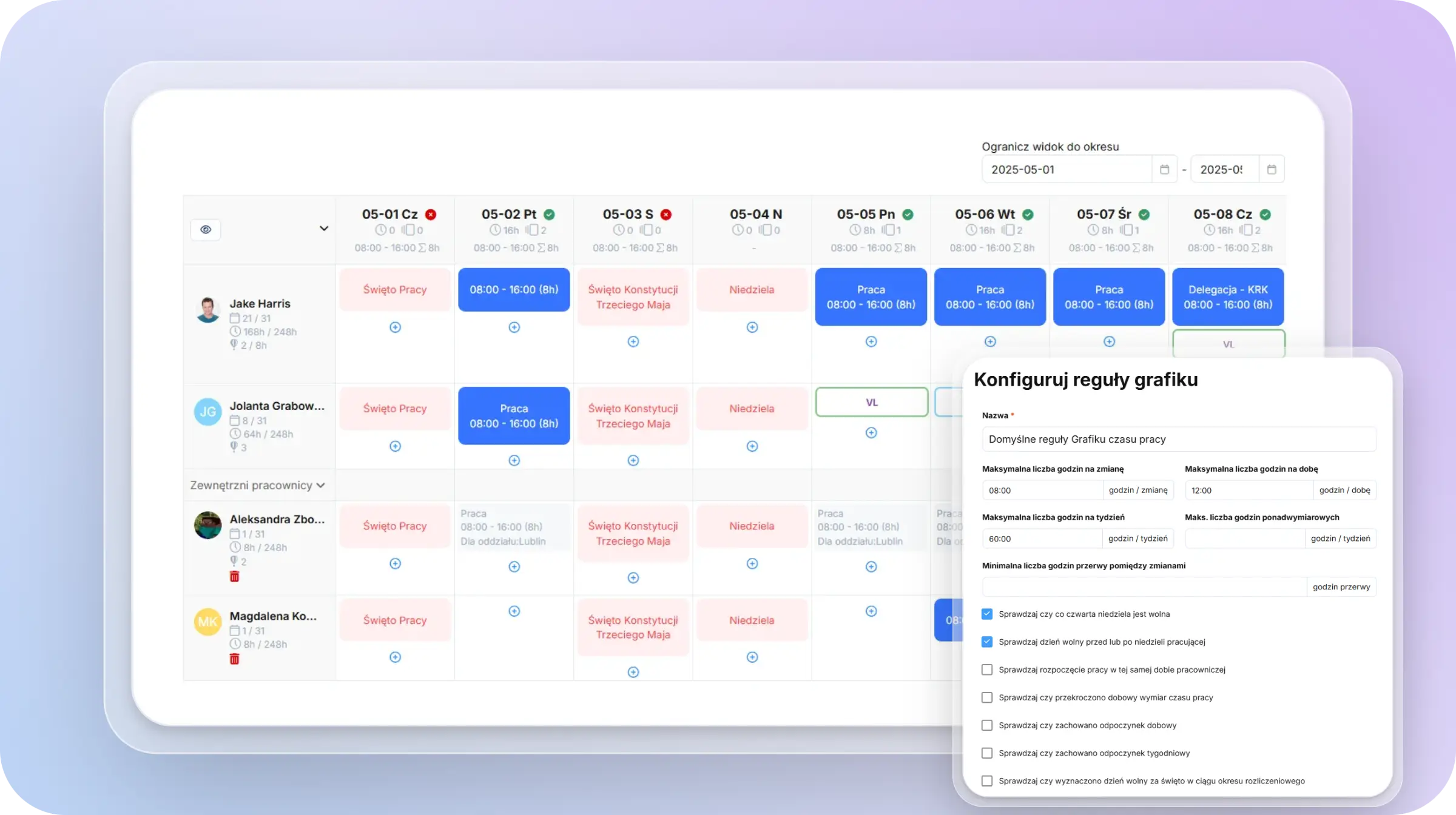 Twórz harmonogramy pracy lub generuj automatycznie, które współpracują z ewidencją czasu pracy i nieobecnościami. Zaprojektuj grafiki dopasowane do dowolnych systemów pracy – od standardowego 8-godzinnego dnia po systemy równoważne.