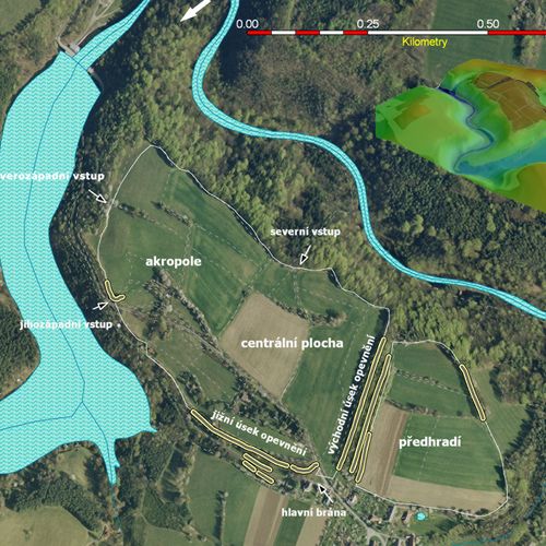 Aerial view of the oppidum with indicated parts. 