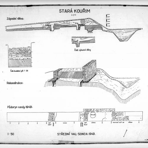 Stará Kouřim, reconstruction of the middle bank; M. Šolle's excavation in 1949. 