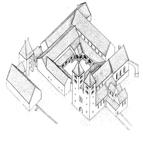 Reconstruction of the Ostrov monastery, view from south-west. 