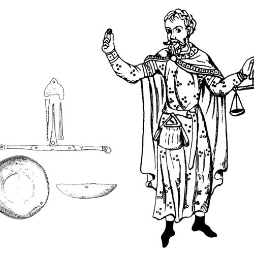 Drawing of a folding merchant pair of scales found at the site of Sekanka and a Medieval depiction of a merchant. 