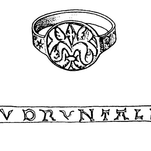 Drawing of a ring with a German inscription „HUDRUNTALER“. Found during excavations at Sekanka. 