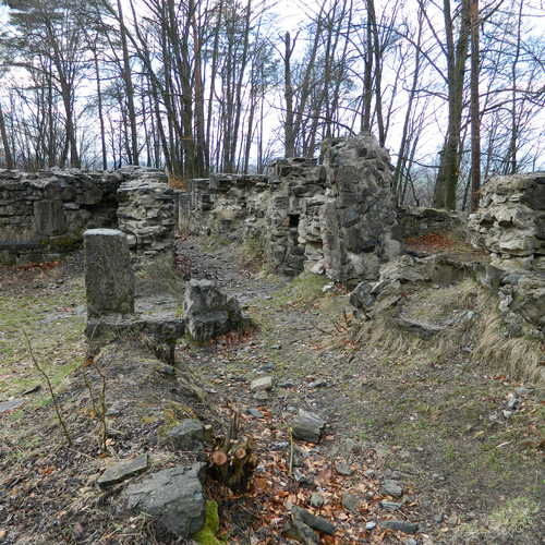 The large cloister from the east, monk’s cells on the right.