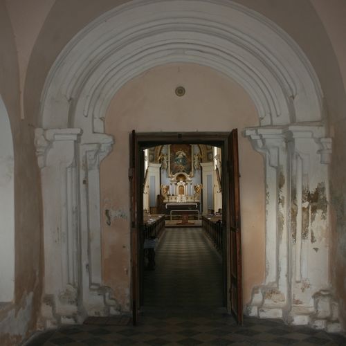 Church of the Immaculate Conception of the Virgin Mary, late Romanesque portal beneath the tower.