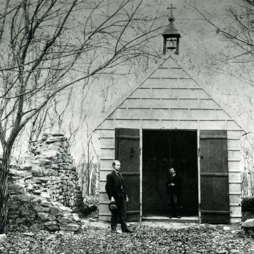 Wooden chapel built on the summit of St Clement’s hillfort by the parish priest of Boršice, J. Studený, around 1885. The stone foundations around the chapel come from the original church.