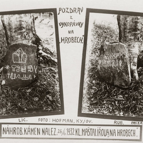 Postcard showing the first find of the ‘tombstone’ from 1932, which was believed to mark the resting place of St Methodius.