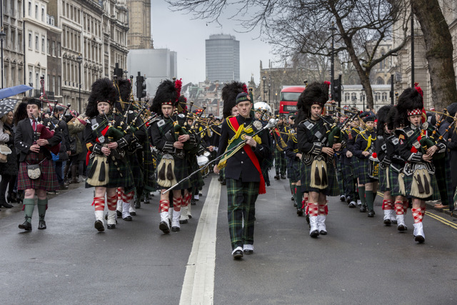 Student members of the Pipes and Drums band at Gordon's School marching along Whitehall. The school, which is the national monument to General Charles Gordon, is the only one in the country permitted to march along this iconic street.