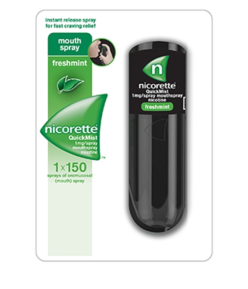NICORETTE® QuickMist - 1mg/spray (approx. 150 sprays) single. NICORETTE® QuickMist - 1mg/spray (approx. 150 sprays) single.