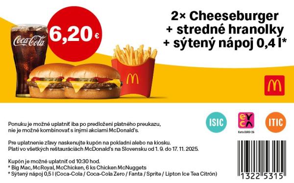 Špeciálna ponuka 2x Cheeseburger + stredné hranolky + stredný nápoj
