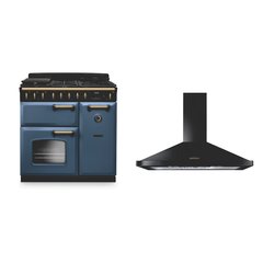 Rangemaster CLDL90DFPSTB/AB1 90cm Dual Fuel Range Cooker Classic Deluxe Stone Blue / Antique Brass, A Rated