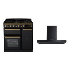 Rangemaster ESDL90DFPGBL/AB1 90cm Dual Fuel Range Cooker Estel Deluxe Black / Antique Brass, A Rated