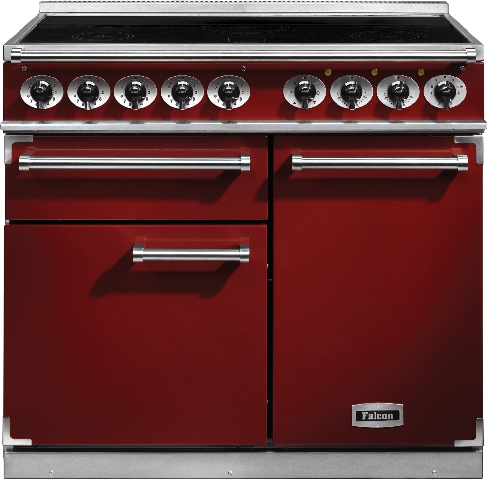 Falcon 1000 Deluxe Induction Cherry Brushed Chrome 100cm Induction Range Cooker, Red, A Rated