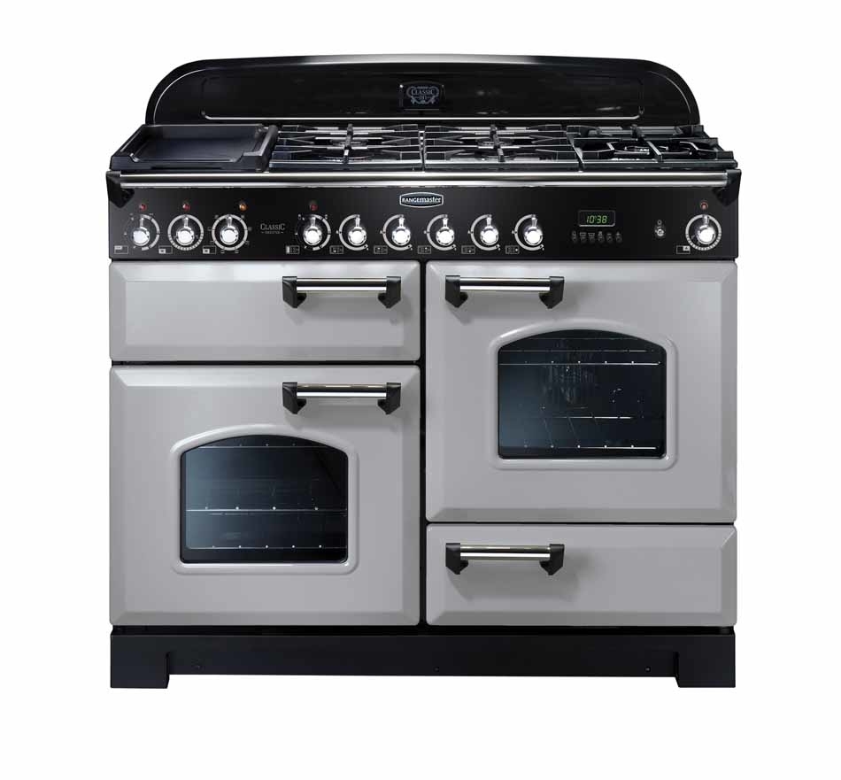 Rangemaster Classic Deluxe CDL110DFFRP/C 110cm Dual Fuel Range Cooker Royal Pearl / Chrome, Silver, A Rated