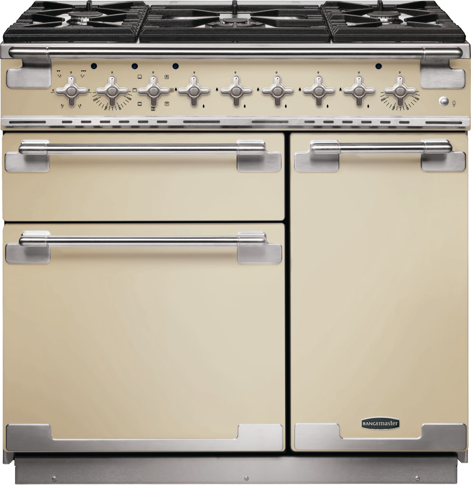 Rangemaster Elise ELS90DFFCR 90cm Dual Fuel Range Cooker Cream / Brushed Chrome, Cream with Brushed Chrome Trim, A Rated