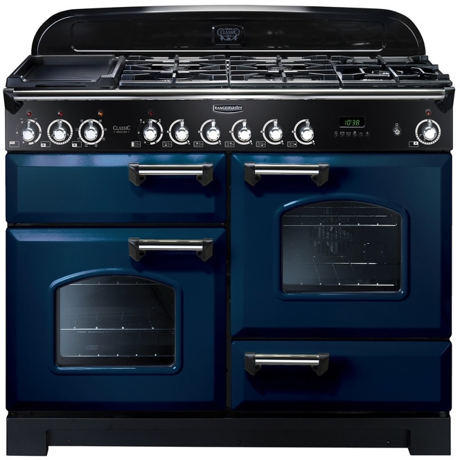 Rangemaster Classic Deluxe CDL110DFFRB/C 110cm Dual Fuel Range Cooker Regal Blue / Chrome, A Rated