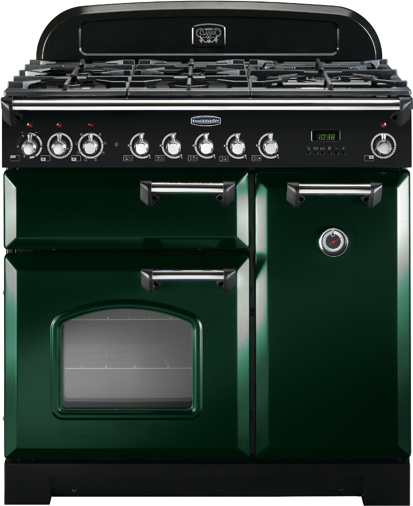 Rangemaster Classic Deluxe CDL90DFFRG/C 90cm Dual Fuel Range Cooker Racing Green / Chrome, A Rated