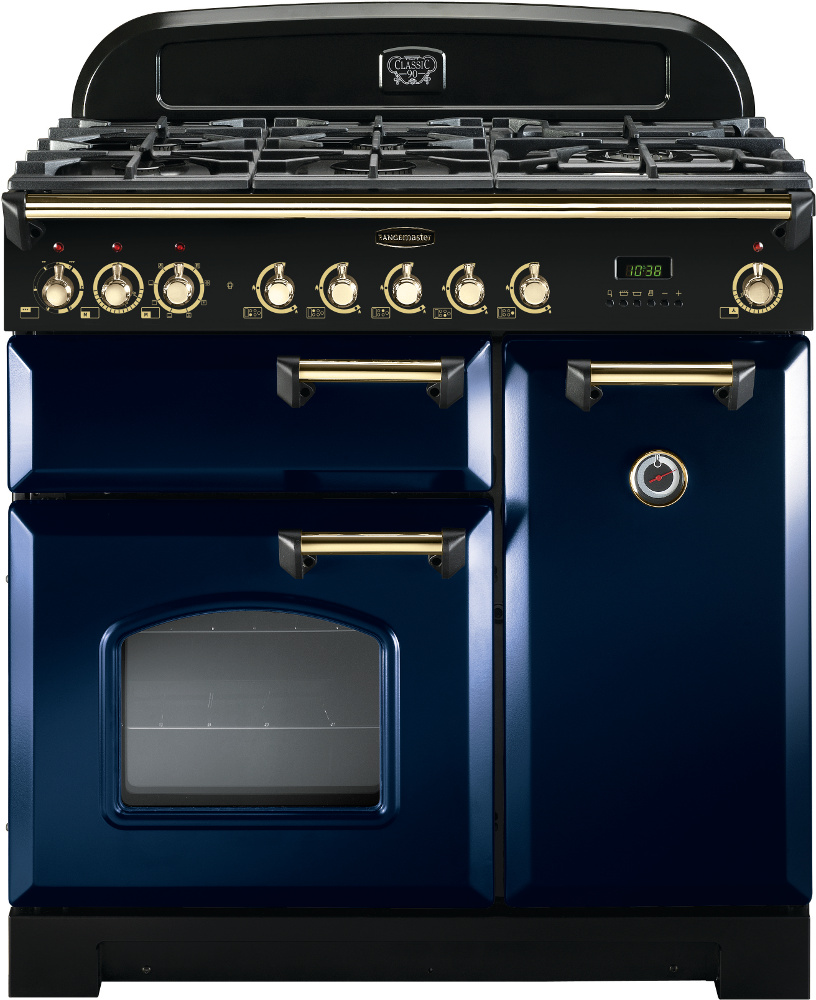 Rangemaster Classic Deluxe CDL90DFFRB/B 90cm Dual Fuel Range Cooker Regal Blue / Brass, A Rated