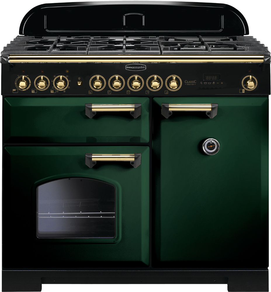 Rangemaster CDL100DFFRG/B 100cm Dual Fuel Range Cooker Classic Deluxe Racing Green / Brass, Racing Green with Brass Trim, A Rated