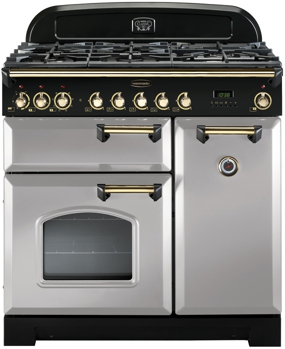 Rangemaster Classic Deluxe CDL90DFFRP/B Royal Pearl / Brass 90cm Dual Fuel Range Cooker