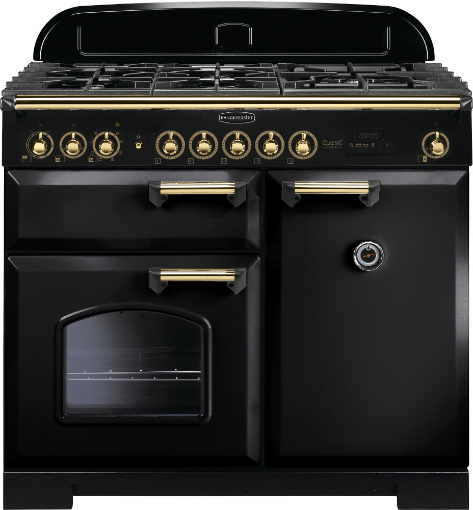 Rangemaster Classic Deluxe CDL100DFFBL/B 100cm Dual Fuel Range Cooker Black / Brass, A Rated