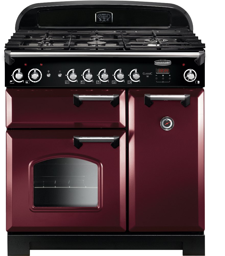 Rangemaster Classic CLA90NGFCY/C 90cm Gas Range Cooker Cranberry / Chrome, Red, A+ Rated