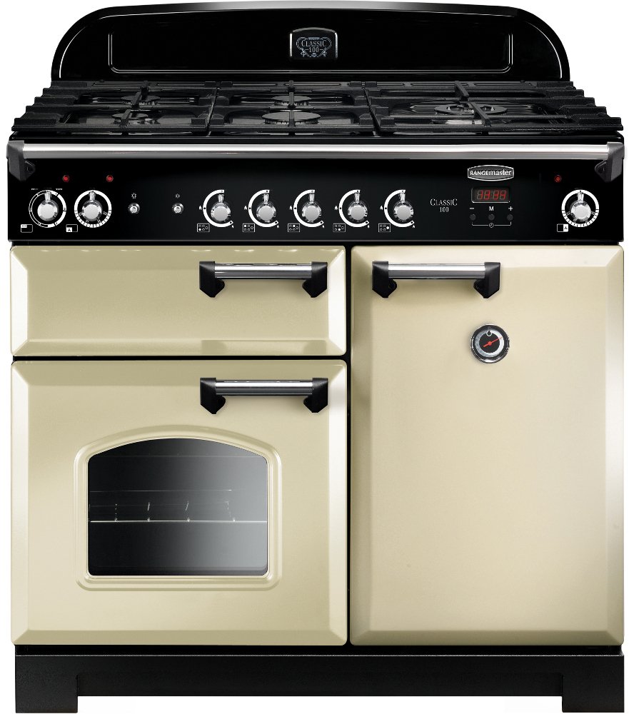 Rangemaster Classic CLA100DFFCR/C 100cm Dual Fuel Range Cooker Cream / Chrome, Cream with Chrome Trim, A Rated