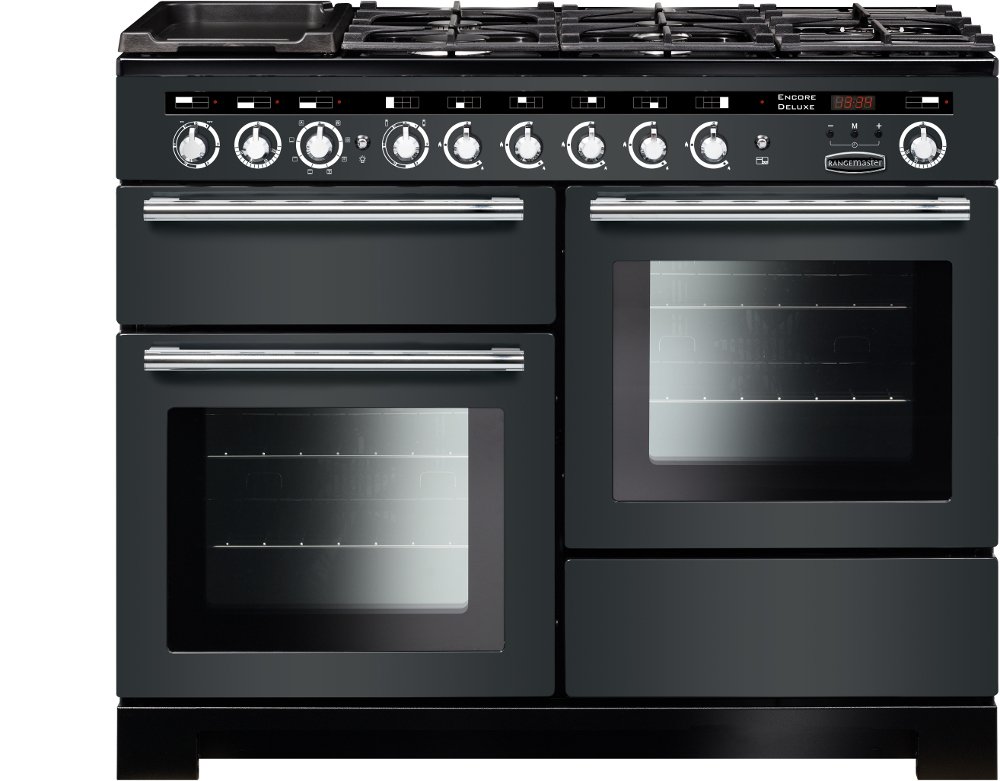 Rangemaster EDL110DFFSL/C Encore Deluxe Slate / Chrome 110cm Dual Fuel Range Cooker, Slate with Chrome Trim