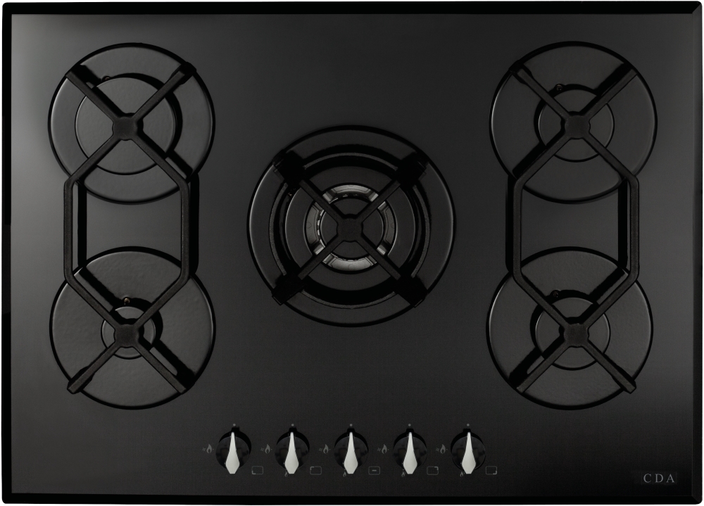 CDA HVG721BL 70cm 5 Burner Gas Hob - Front Control - Cast Iron Pan Supports - Black Glass HVG721BL