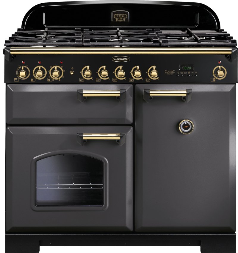 Rangemaster Classic Deluxe CDL100DFFSL/B 100cm Dual Fuel Range Cooker Slate / Brass, Grey, A Rated