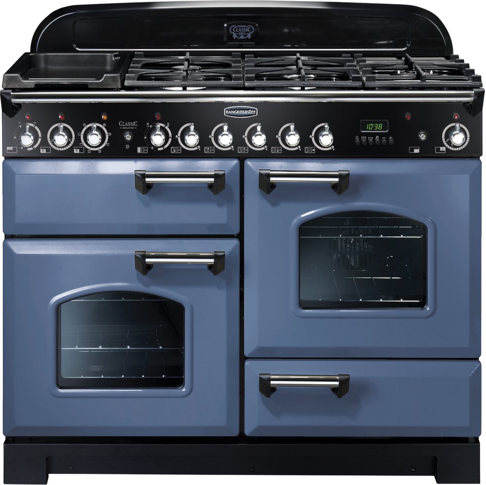Rangemaster CDL110DFFSB/C Classic Deluxe Stone Blue / Chrome 110cm Dual Fuel Range Cooker