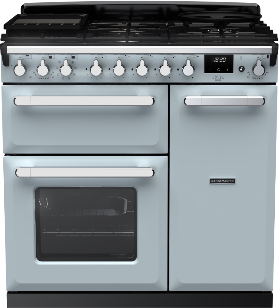Rangemaster Estel Deluxe ESDL90DFPMSB/CM1 Misty Blue / Chrome 90cm Dual Fuel Range Cooker