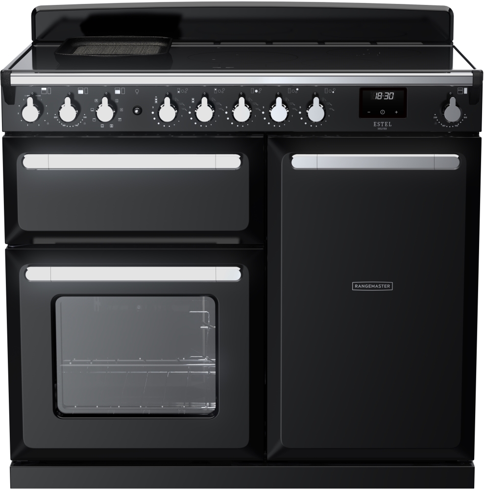 Rangemaster Estel Deluxe 100cm Black Induction Range Cooker - 5 Zone Hob - 2 Ovens ESDL100EIPGBL/CM1 Estel Deluxe Black / Chrome