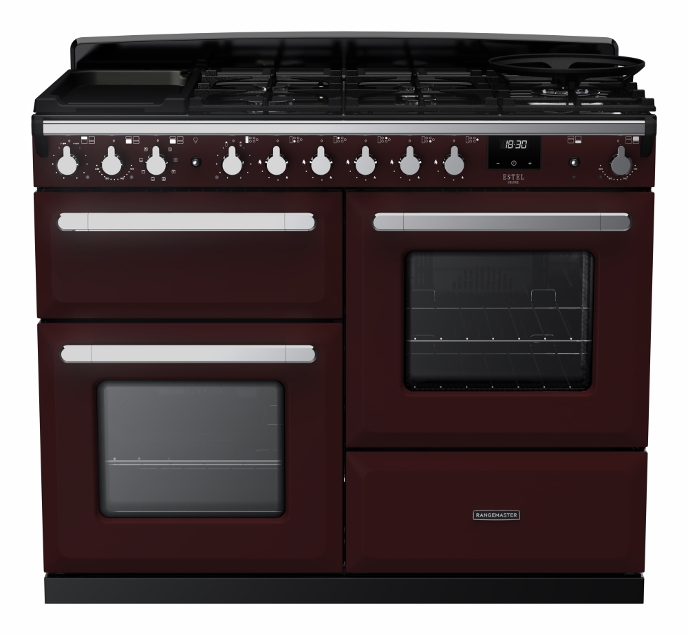Rangemaster Estel Deluxe 110cm Dual Fuel Range Cooker - Bordeaux - 7 Zone Combi Hob ESDLO110DFPBOR/CM1 Estel Deluxe Bordeaux / Chrome