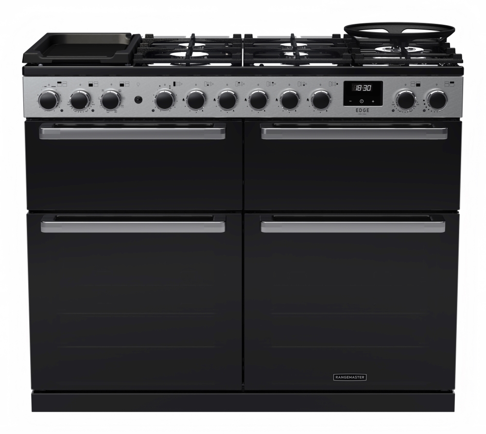 Rangemaster EDDLB110DFGBLK/CM1 Edge Deluxe Black Glass / Chrome 110cm Dual Fuel Range Cooker