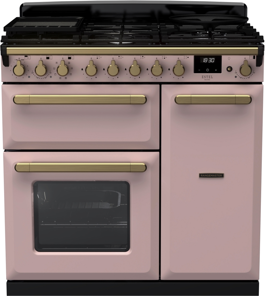 Rangemaster Estel Deluxe ESDL90DFPPPK/AB1 Pale Pink / Antique Brass 90cm Dual Fuel Range Cooker